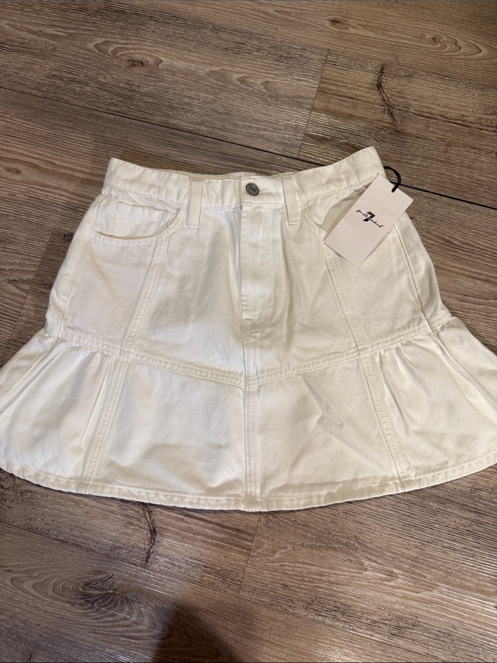 7 For All Mankind White Denim Ruffle Mini Skirt Size 27 NWT $208
